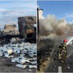 trafic blocat pe dn56 a in judetul mehedinti doua camioane si un autoturism au luat foc dupa ce s au ciocnit violent 68dbfcaca9ba9