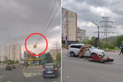 video acoperisul unui bloc este smuls de vant si ajunge pe o masina care circula regulamentar momentul surprins de o camera de bord 69ede67bea6fc