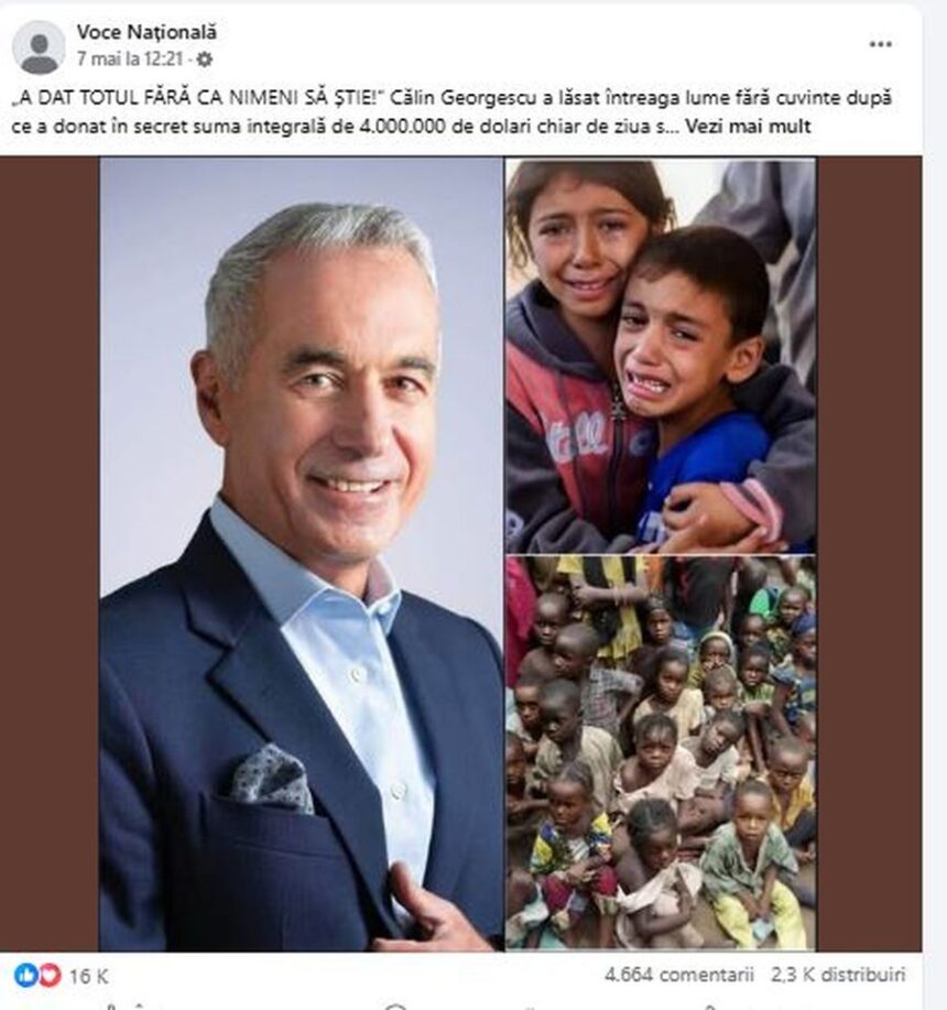 escrocherie cu o donatie secreta pentru copiii saraci fake news viralizat in care apar numele lui calin georgescu si george simion 6a00b0f7936c7